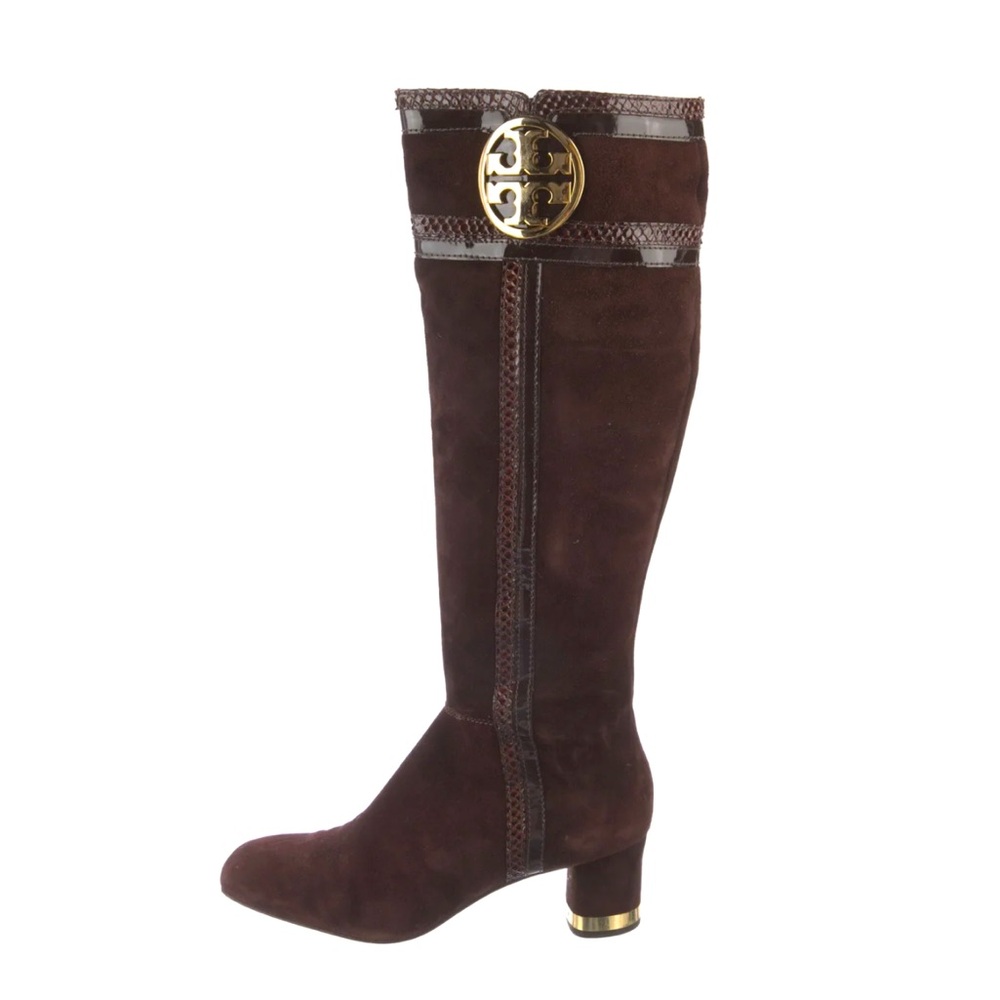 Tori Burch size 7 Brown Gold‎ Sabina suede and snake tall  riding heeled boots